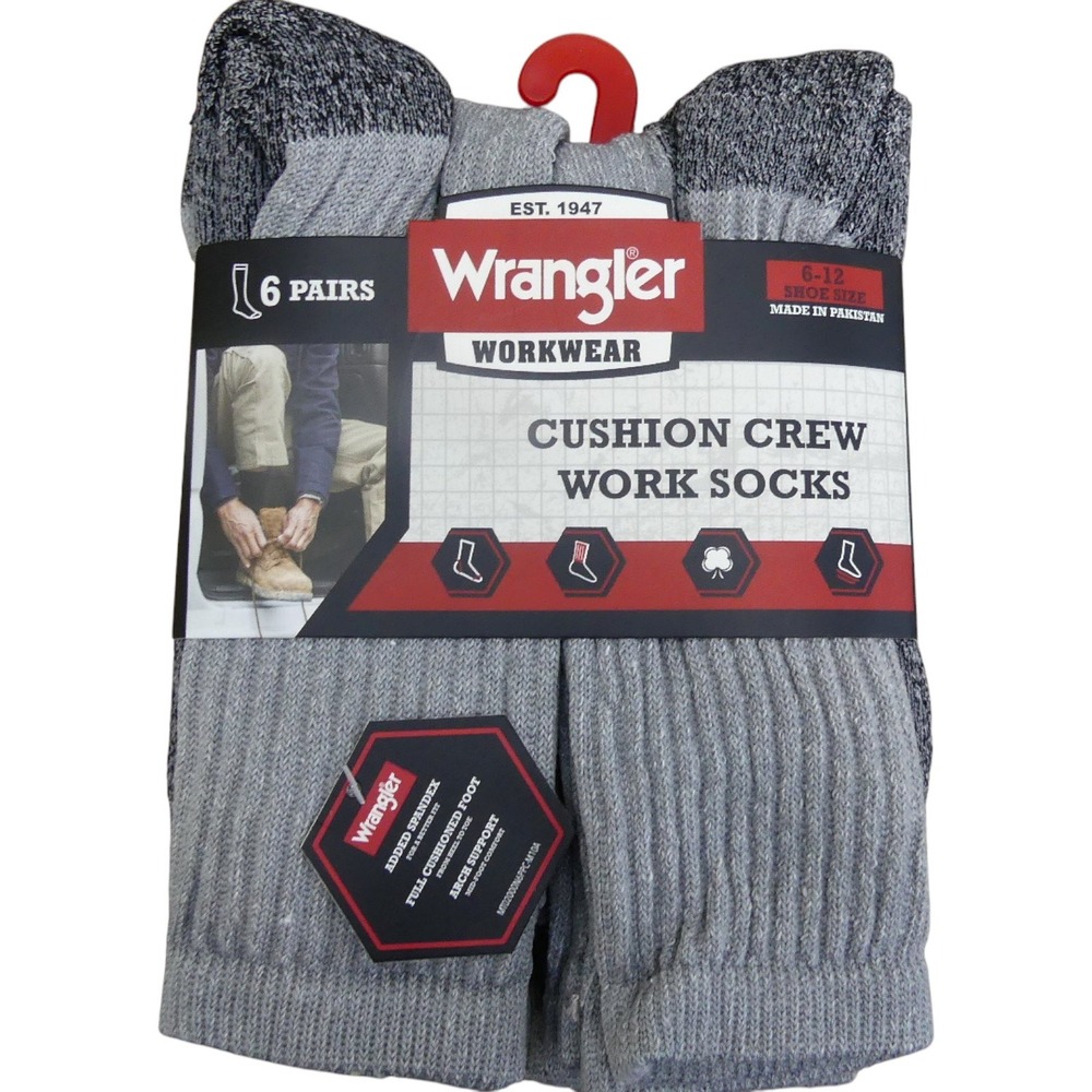 Wrangler Cushion Crew Work Socks Mens 6-12 Grey New 6 Pairs Pack WRM401
